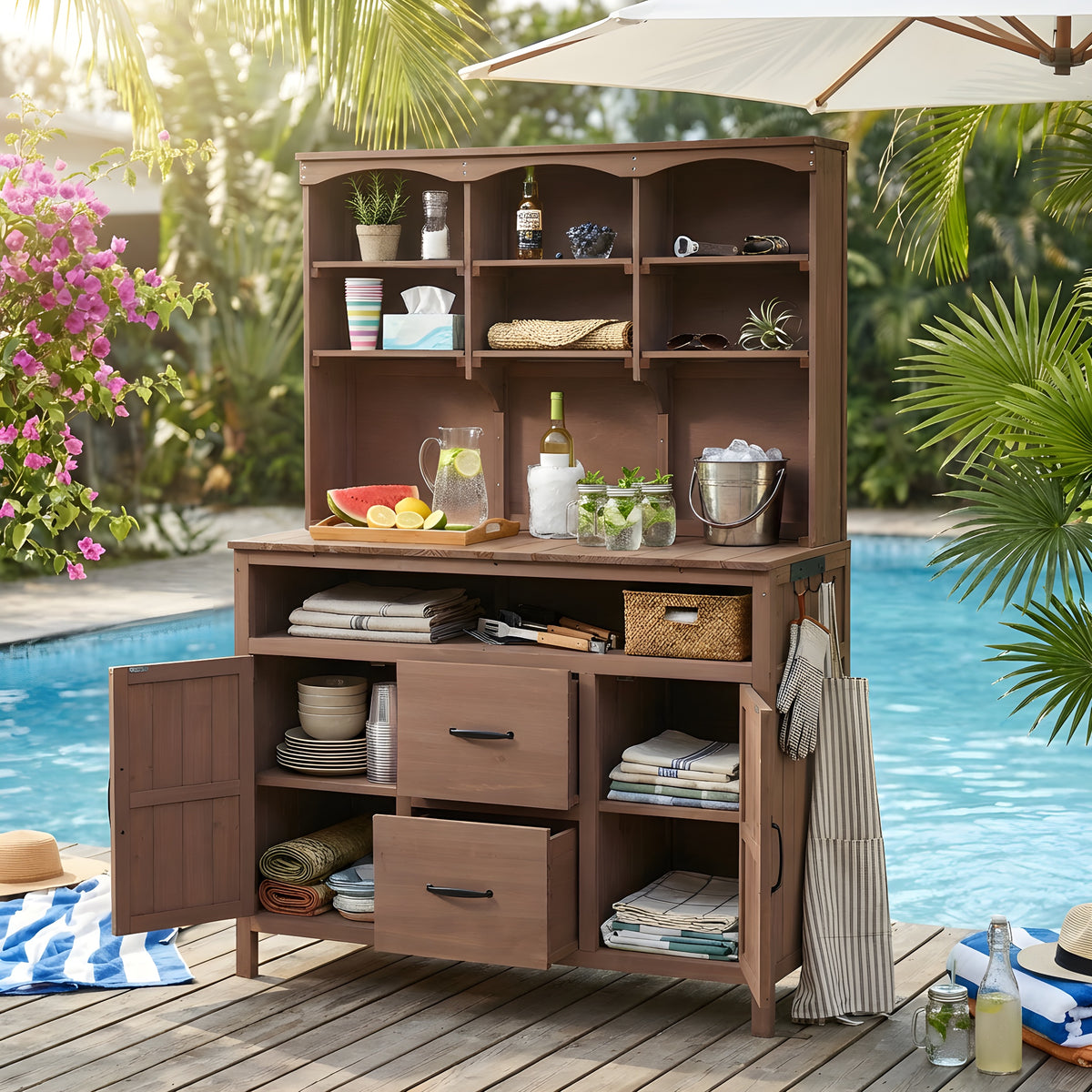 With Assembly Video TOPMAx Large Fir Wood Potting Bench 45.3 L Multi- Functional Outdoor Patio Kitchen Island With Hutch Cabinets Drawers & Hooks Large Countertop For Gardening Grill Brown