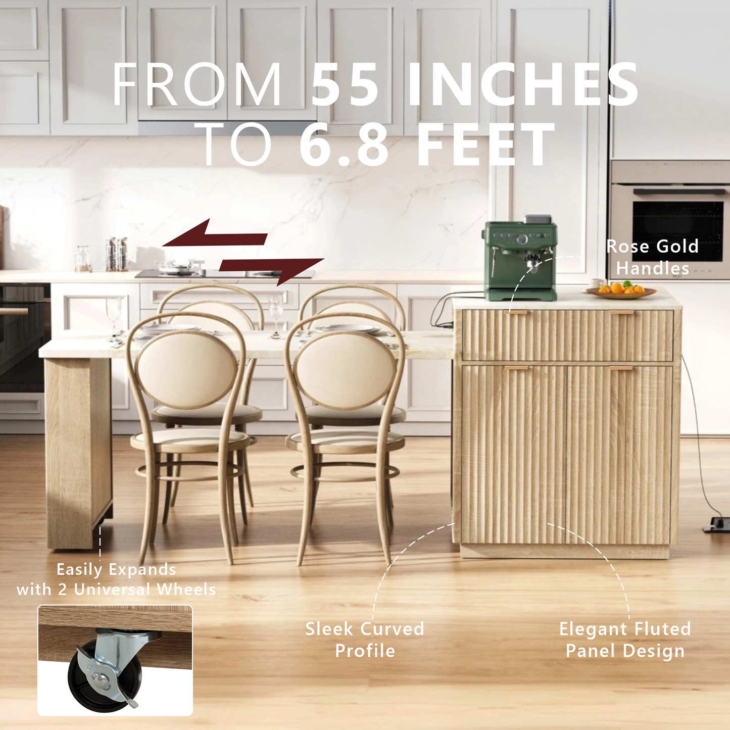 K&K 82.6 Fluted Kitchen Island With Extendable Dining Table For 4 6, Island Table For Kitchen With Power Outlet, Kitchen Table With Double Side Storage, 2 Drawers 2 Side Open Shelves, Natural