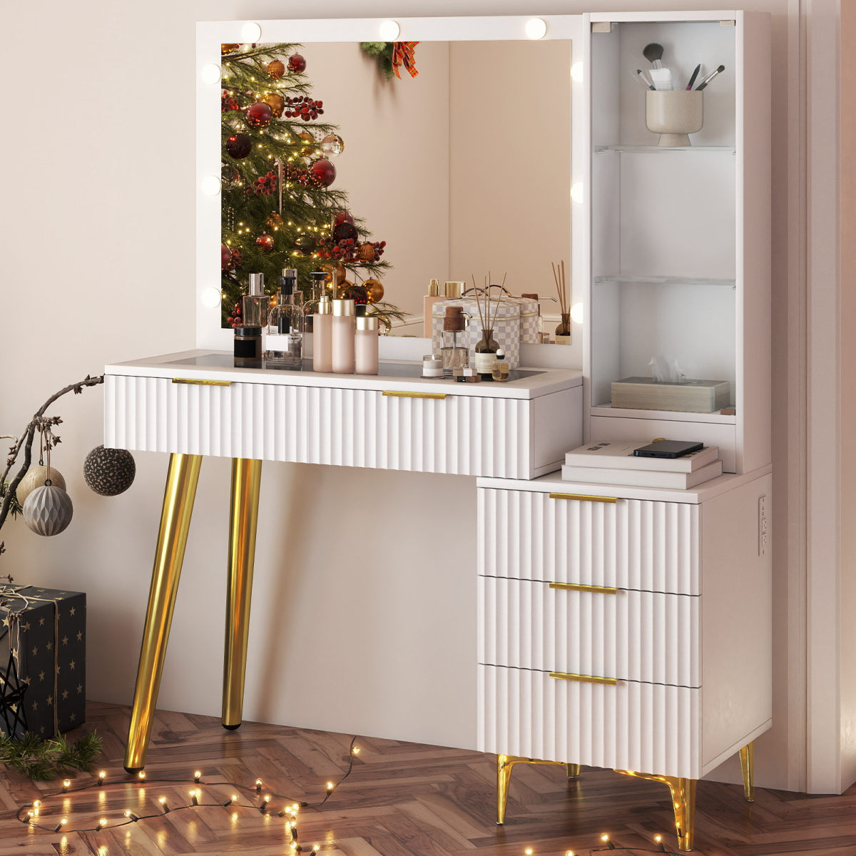 Fluted Vanity Desk With Mirror Glass Top Makeup Table With 5 Drawers Power Outlet Storage Cabinet 3 Color Light For Bedroom White