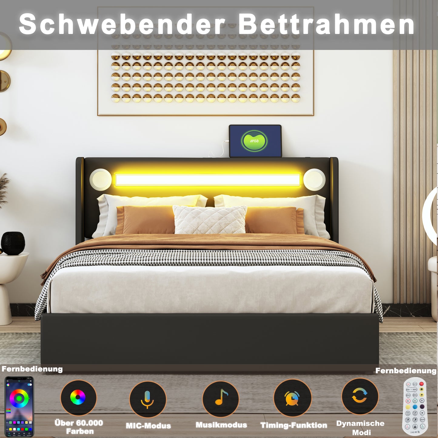 Upholstered Bed 140x200 Bed With LED Light Strip, Bluetooth Player And USB Charging, Storage Bed Made Of PU Leather, Loft Bed Box, Double Bed With Slatted Base Black