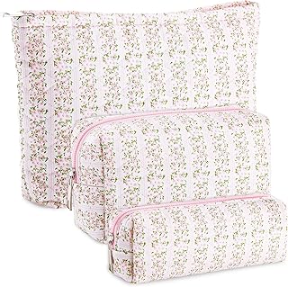 Paterr 3 Pcs Makeup Bag Quilted Cotton Cosmetic Pouch Set Cute Bow Floral Coquette Aesthetic Preppy Makeup Skincare Bag Tr...