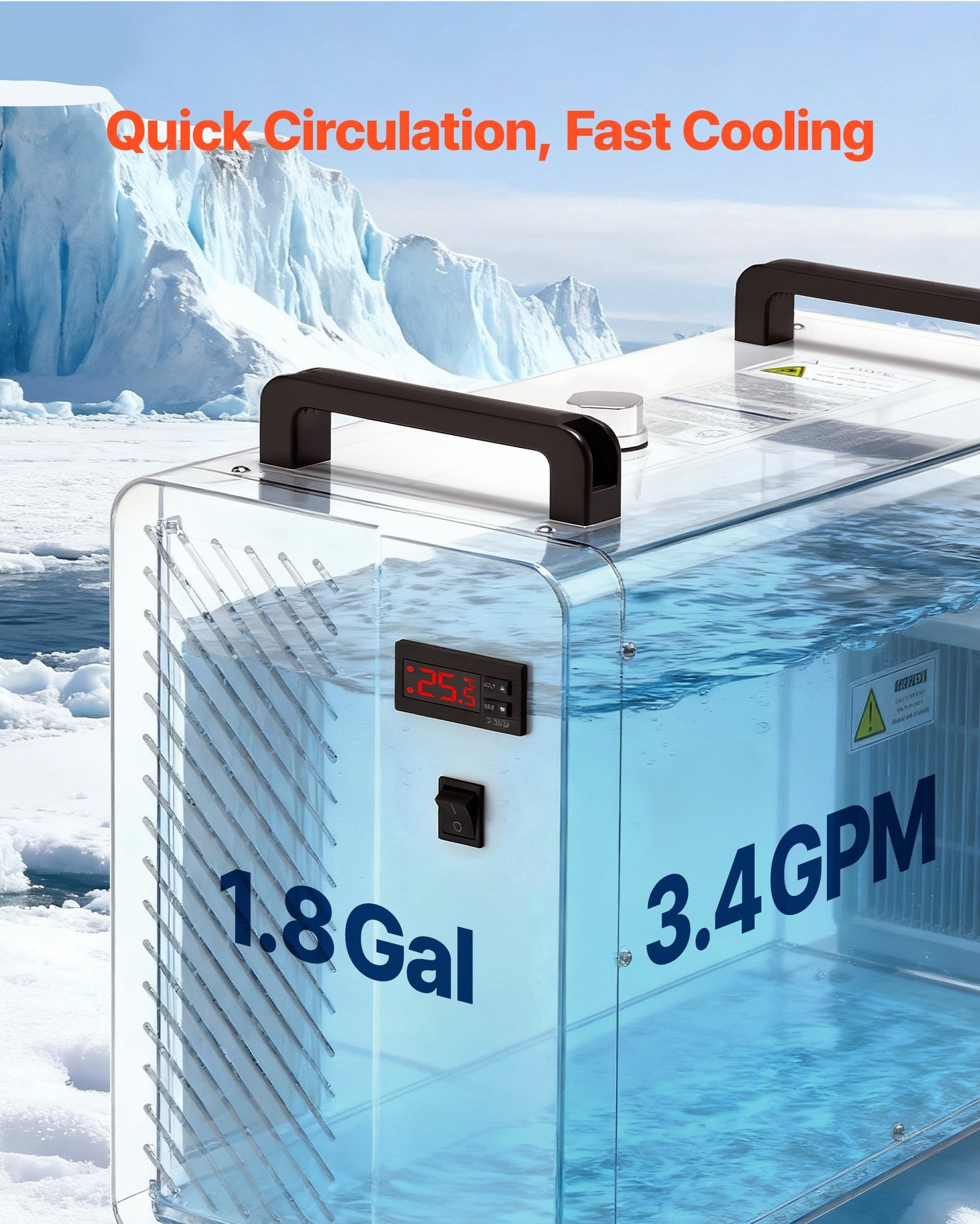 Industrial Water Chiller, 5460 BTU/h, Industrial Water Cooler Cooling System With Compressor, 1.8 Gal Tank Capacity, 3.4 GPM Max Flow, Laser Chiller, For CO2 Laser Engraving & Cutting Machine