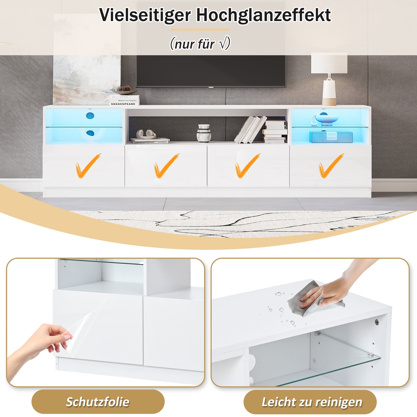 TV Cabinet With LED Lighting, Open Cabinet, 4 Hinged Doors, 8 Storage Spaces, White High-gloss Cabinet, TV Stand For TVs Up To 75 Inches, TV Lowboard For Living Room, Dining Room, 180 X 35 X 60 Cm