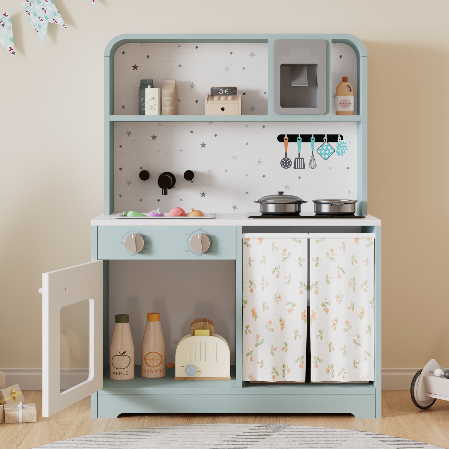 Children's Kitchen, Play Kitchen With Ice Maker And Microwave, Accessories And Surprise Effects, An Excellent Gift For Children Aged 3 And Over, Wood Plastic, Blue, 29x60x81cm