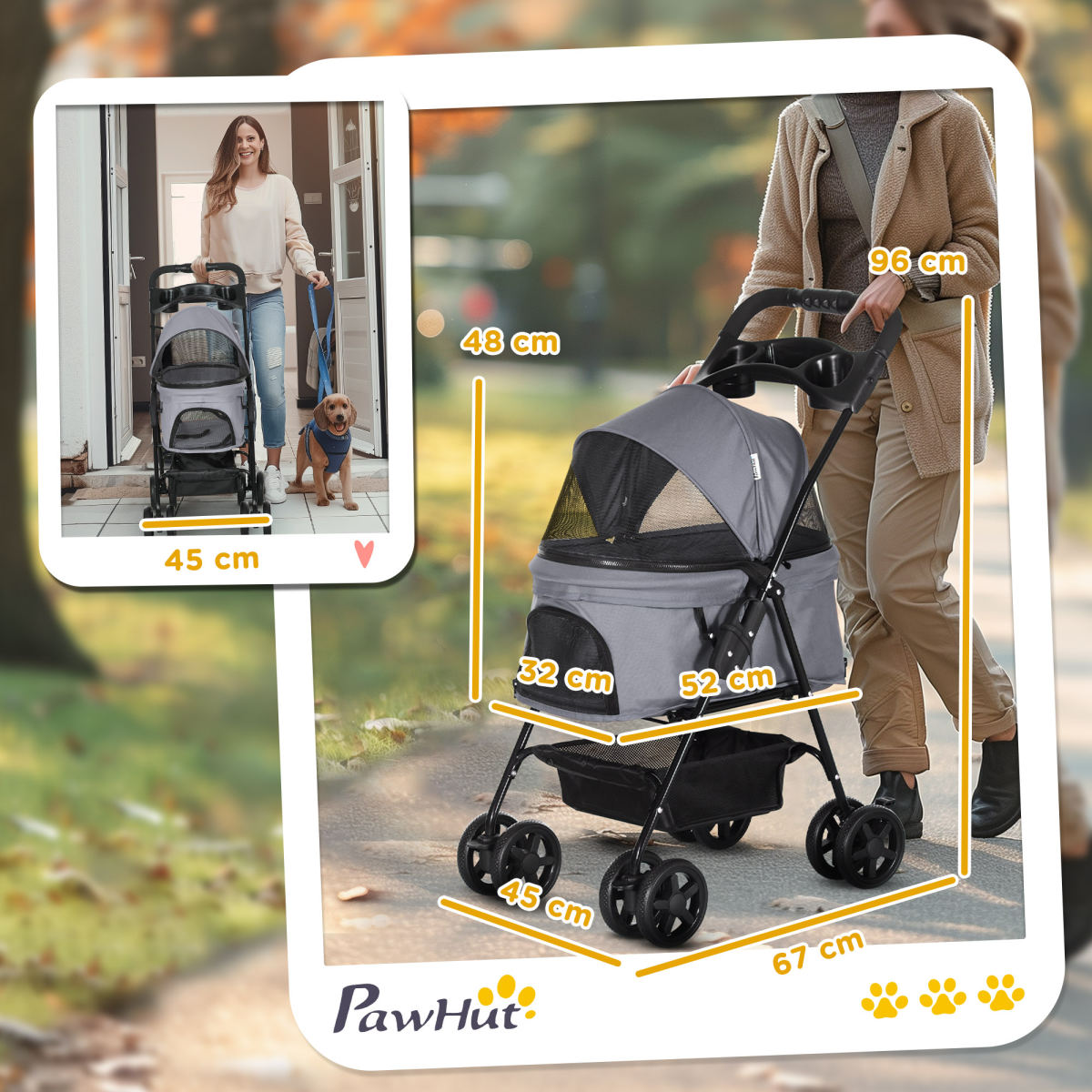 PawHut Dog Pram Dog Stroller Foldable Pet Pushchair With 4 Wheels, Safety Leashes, Cup Holder For Small Dogs, Grey