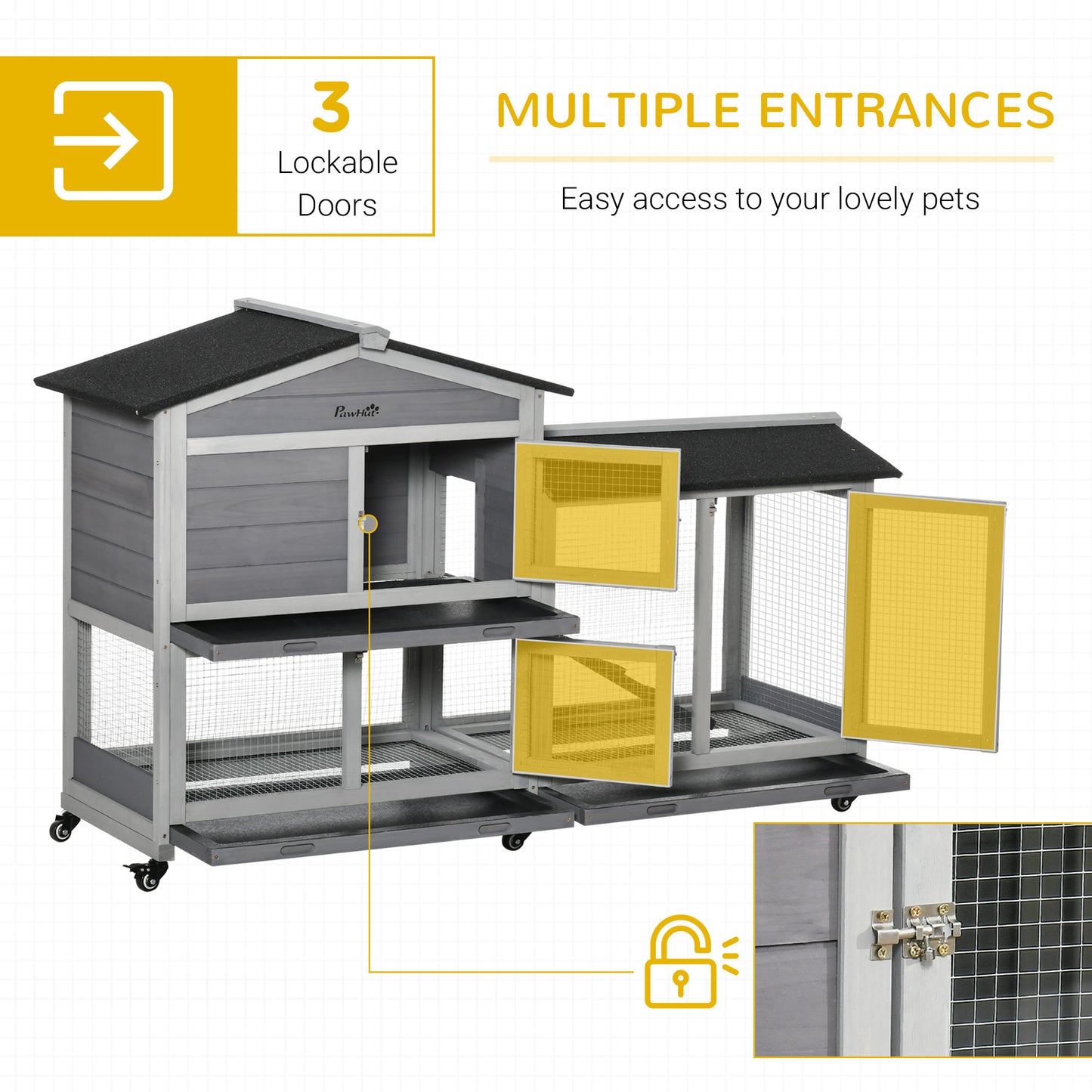 62" Wooden Mobile Rabbit Hutch with Wheels, Run Box, Slide-out Tray, Ramp
