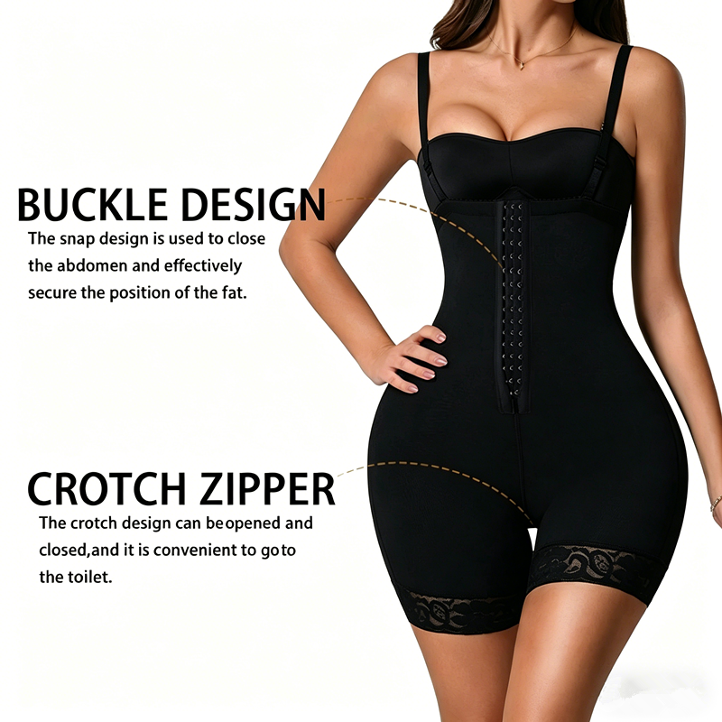 Women's Faja Bodysuit With Tummy Control, High Compression Waist Trainer Shapewear, Seamless Body Shaper With Lace Trim, Adjustable Straps, Zipper Crotch