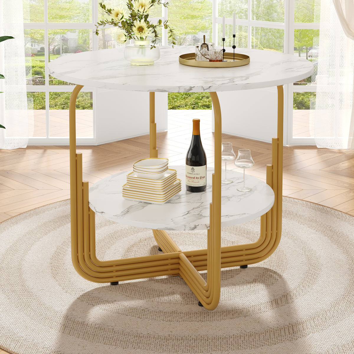 Round Dining Table 80x80x76cm, Kitchen Dining Table, Round Coffee Table For 4 People, Small Round Plate In The Middle For Storage, Suitable For Dining Room, Living Room, MDF Marble Table Top