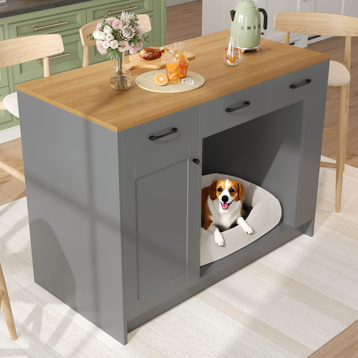 Kitchen Island, Cabinet With 3 Drawers, 1 Spice Shelf, Adjustable Shelf Top, Double Shelf Without Dog Food Plate , Spacious Pet Storage Area Without Dog Cushion , 120x60x90 Cm, Grey