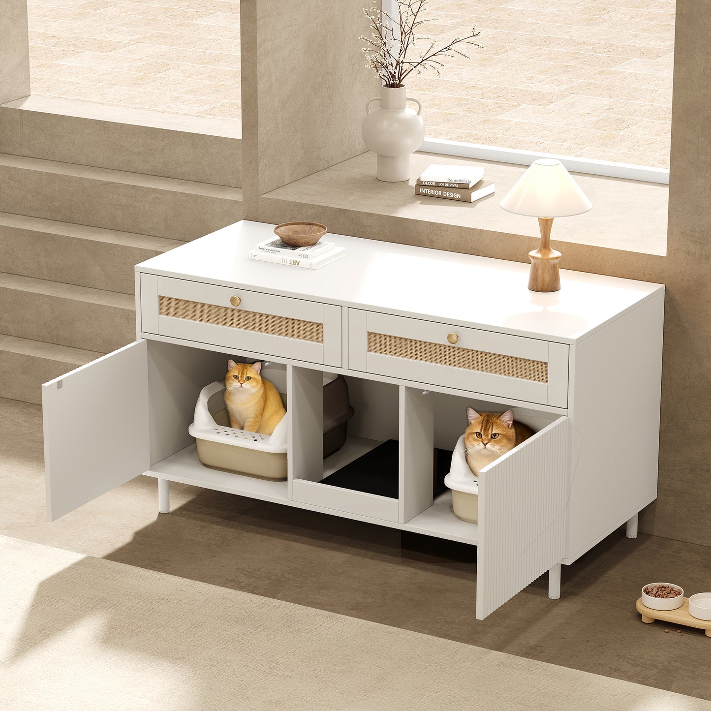 Cat Litter Cabinet With Cat Litter Mat, Cat Litter Cabinet, Pet Cabinet With Rattan Drawer, Pet Sideboard TV Cabinet, Without Cat Litter Box, White, 120x50x65 Cm