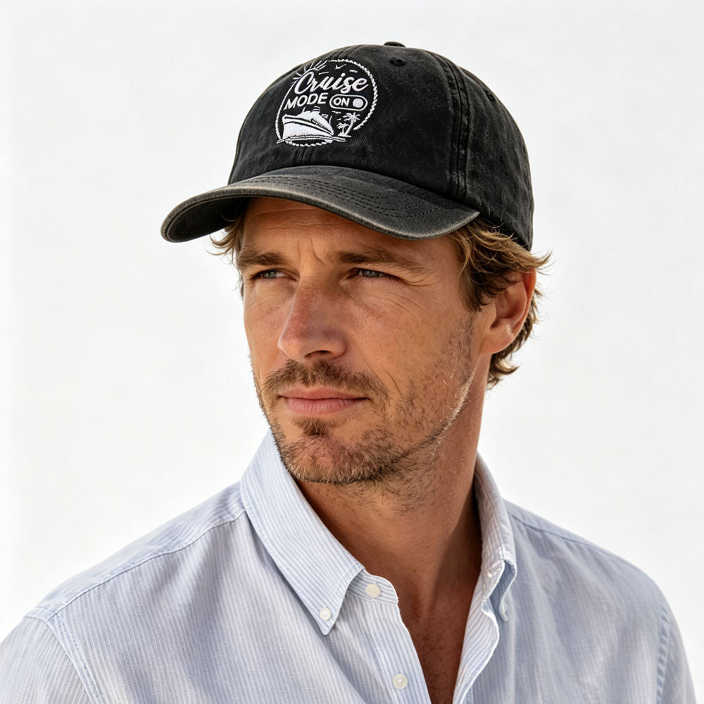 2pcs Cruise Mode On Embroidered Baseball Cap, Vintage Washed Distressed Hat For Men Women, Summer Beach Vacation Cruise Trip Gift