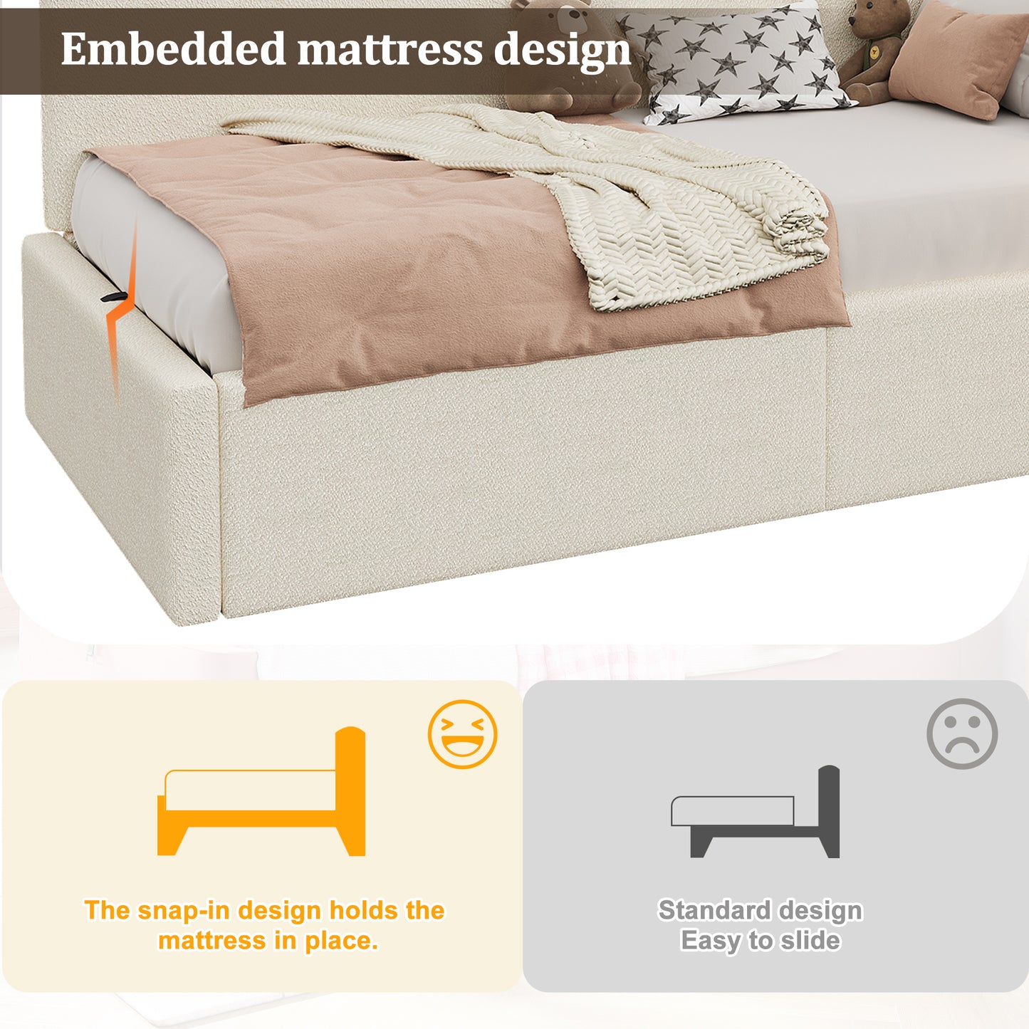 Daybed, 3FT Single Bed 90X190cm, L-shaped Upholstered With Storage, Sofa Bed, Hydraulic Bed With USB Charging Port And Reading Lamp, Beige Boucl