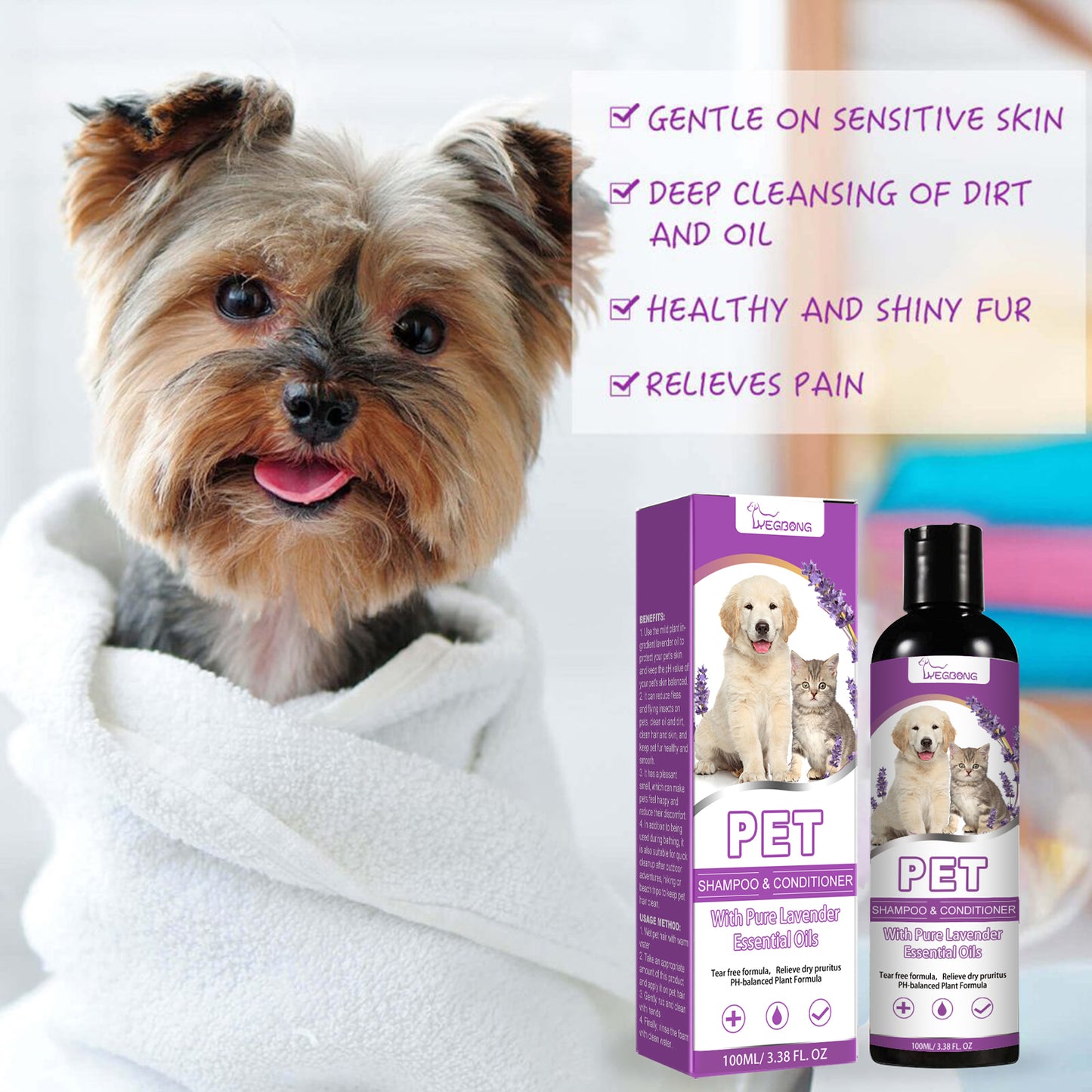 Yegbong Pet Shampoo, Pet Bath Relieves Skin Itchy, Hair Smooth Non-Knotting Shampoo