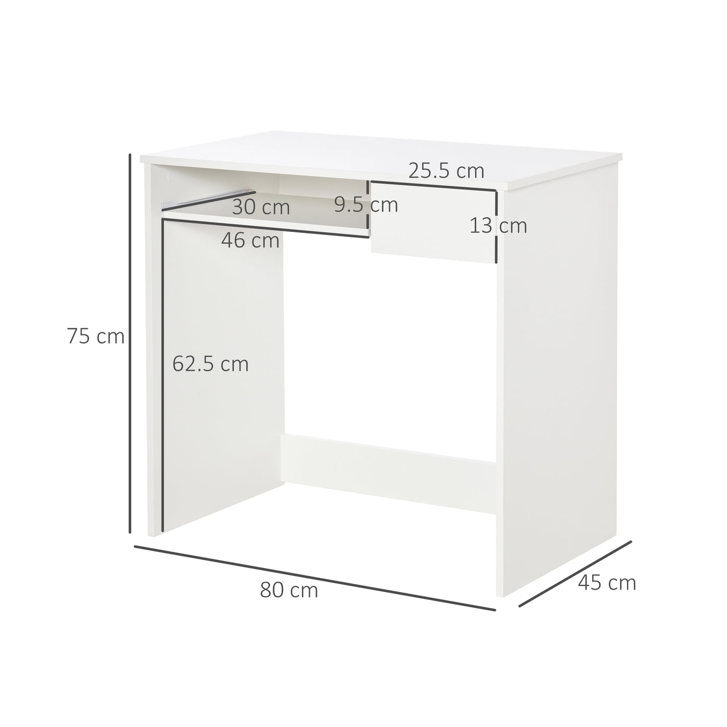 80cm Compact Computer Desk With Keyboard Tray, Home Office Desk With Drawer For Bedroom Study, White