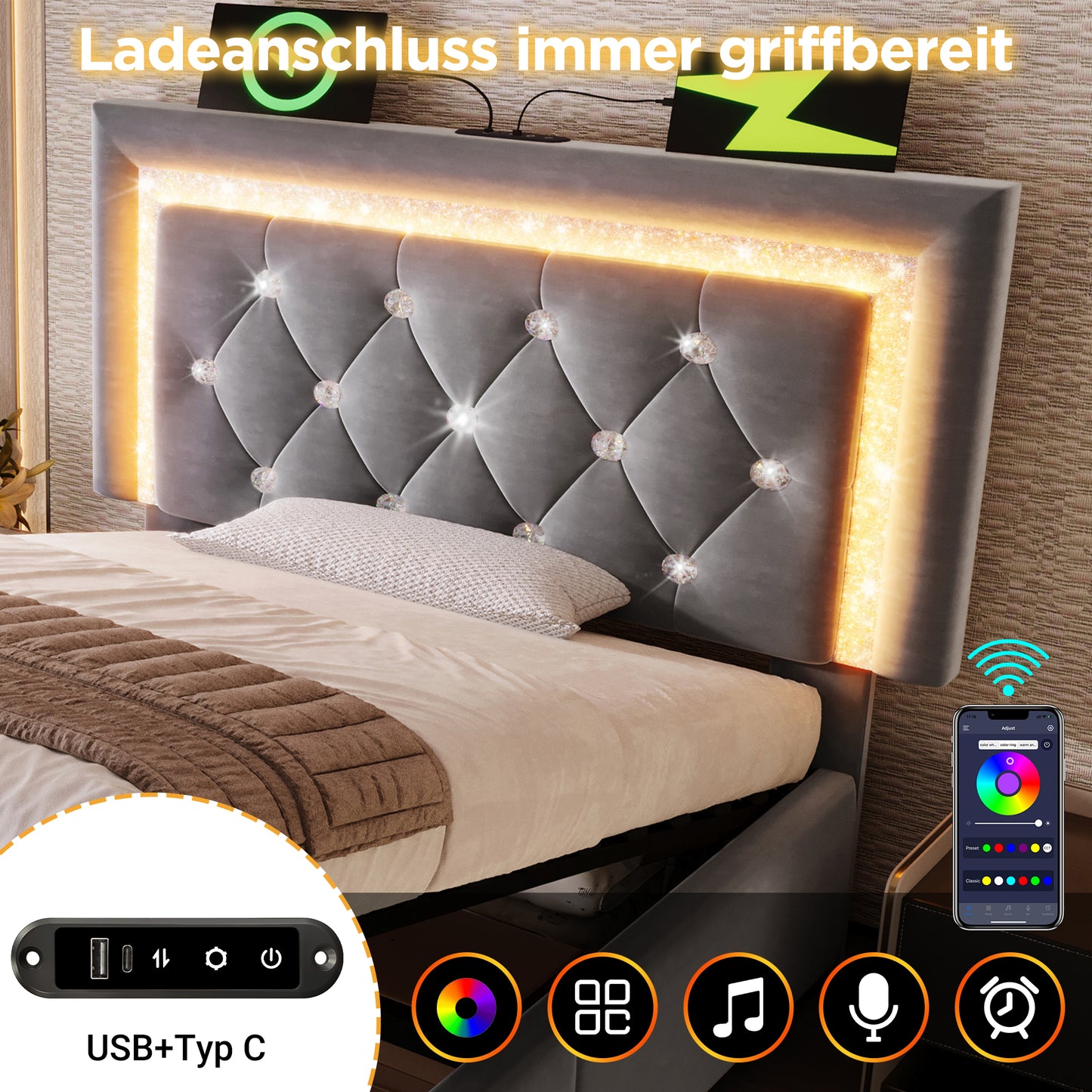 Upholstered Bed 90x200 Cm Velvet Single Bed With LED Diamond Band In The Headboard, USB & Type-C Charging Station, Hydraulic Bed Base With Storage Space, Modern Youth Bed With Slatted Frame, Grey