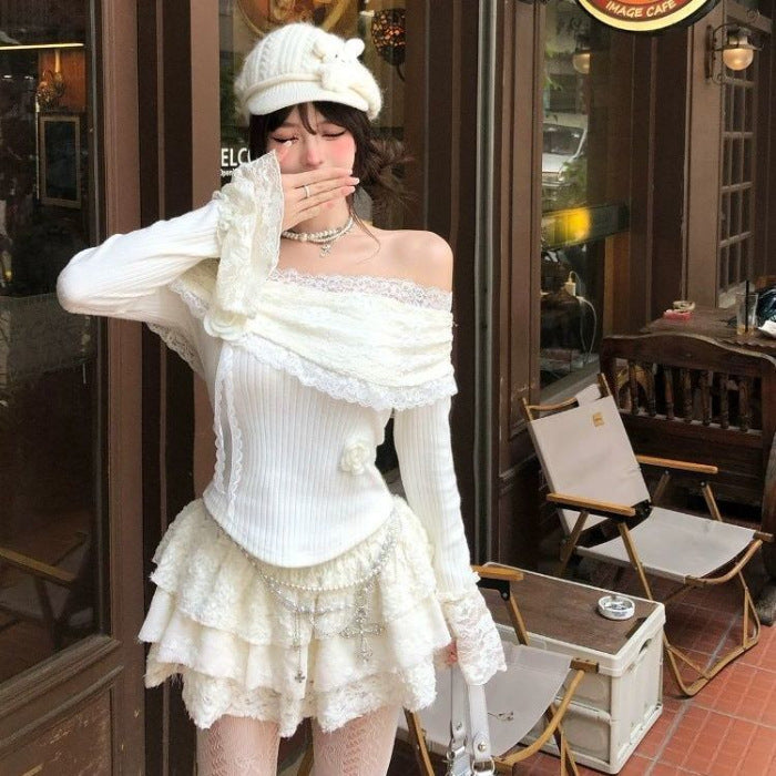 Korean-style Lace Floral Sweet And Spicy Long-sleeved Base Shirt
