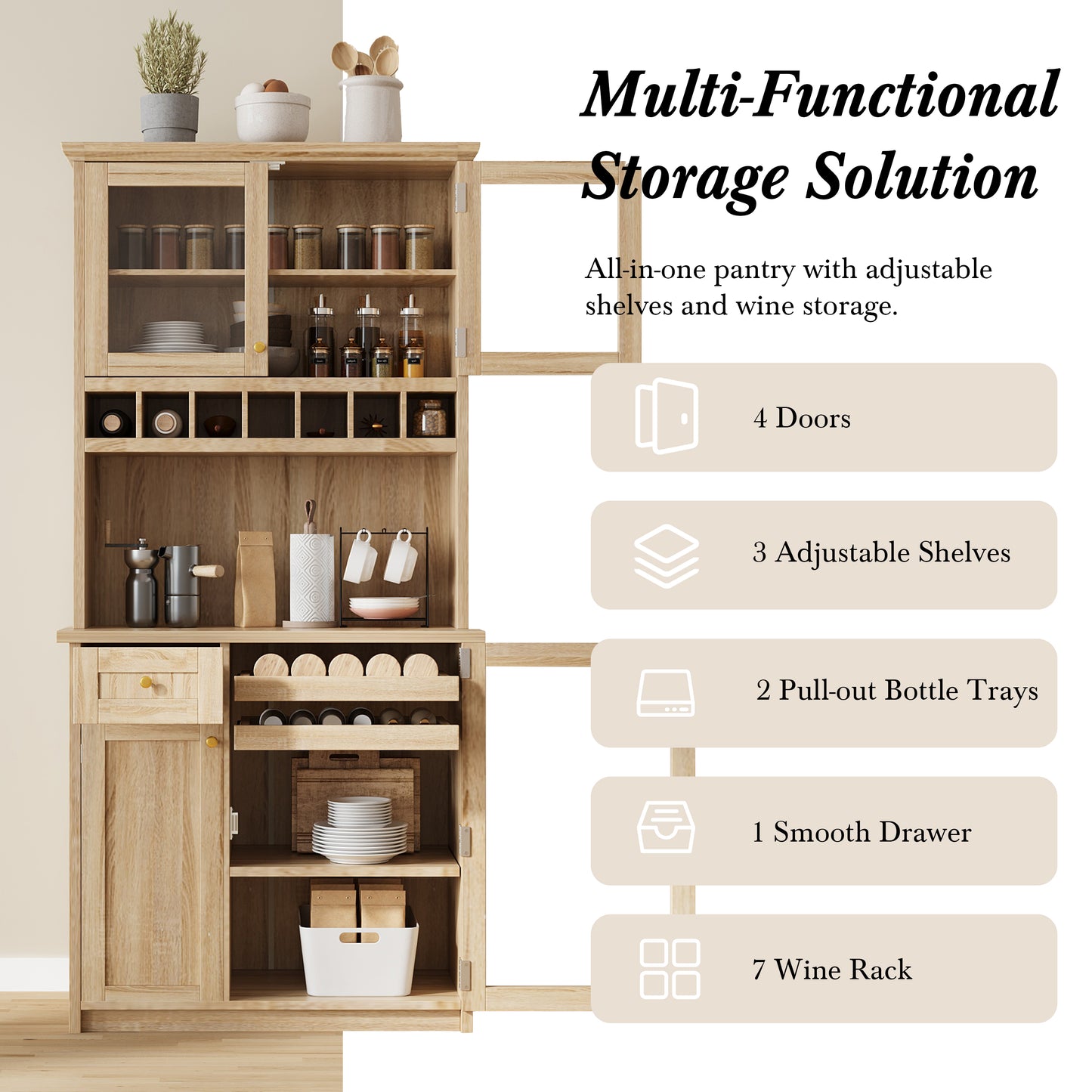 TOPMAx Farmhouse 35.4x17.7x74.8inch Freestanding Buffet With Hutch Tall Kitchen Pantry Storage Cabinet With Wine Rack And Adjustable Shelves For Dining Room Natural