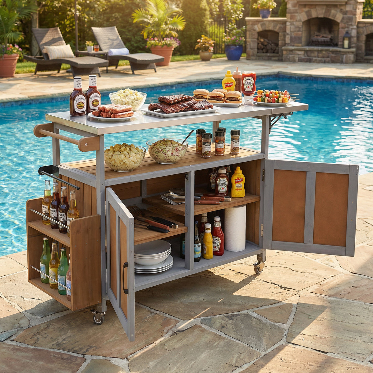 Foldable Outdoor Kitchen Island Patio Mobile Kitchen Cart Portable Outdoor Cooking Island With Lockable Wheels, Storage Cabinet And Towel Rack For Patio And Outdoor, Espresso Grey