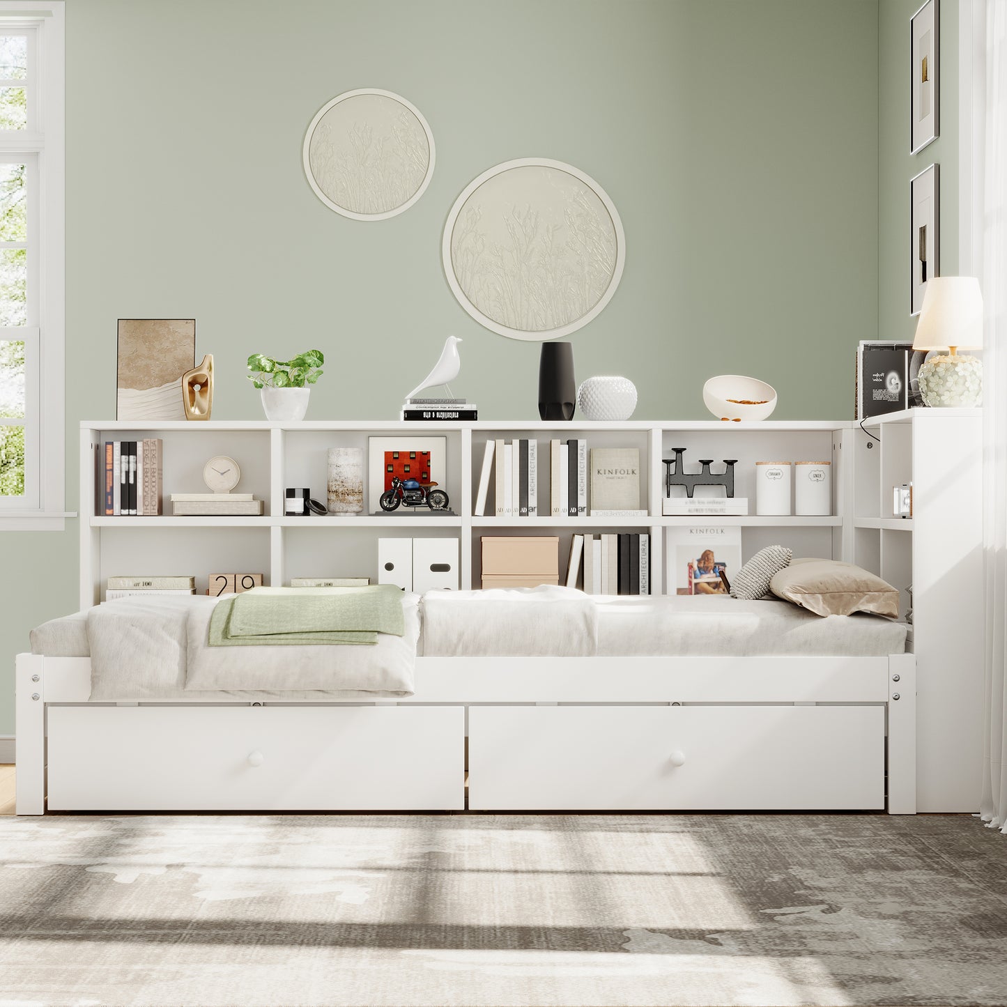 3ft Single Daybed With Two Storage Drawers And Beside Storage, Modern Pull-out Trundle Bed With Charging Station, Wood Bed For Living Room Bedroom Study Room, 90X190cm, White No Mattress