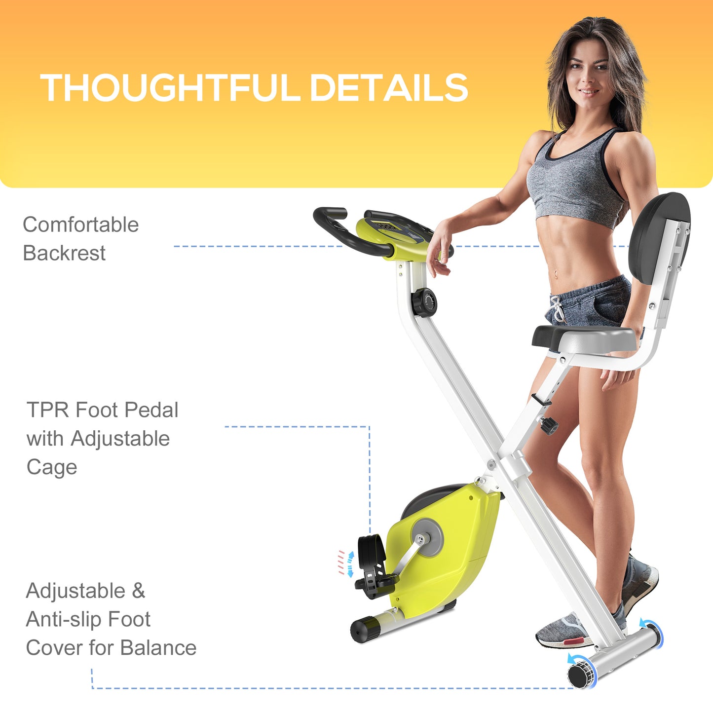 Folding Exercise Bike, Fitness Bicycle Indoor Trainer, 8-Level Magnetic Resistance Adjustable, With LCD Monitor, Pulse Sensor, Yellow