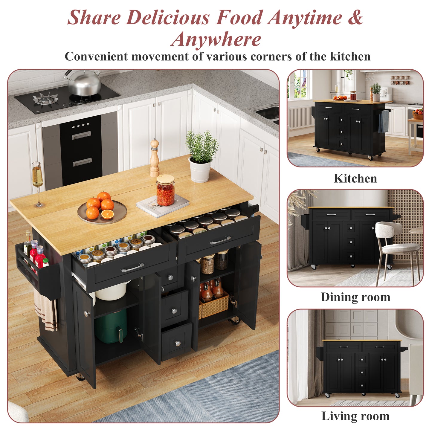 Kitchen Island On Wheels, Dropleaf Trolley, Rolling Cart With Foldable Countertop, 5 Drawers, Spice & Towel Holders,lockable Wheels, For Kitchen, Dining Room & Living Room,120x65x89 Cm