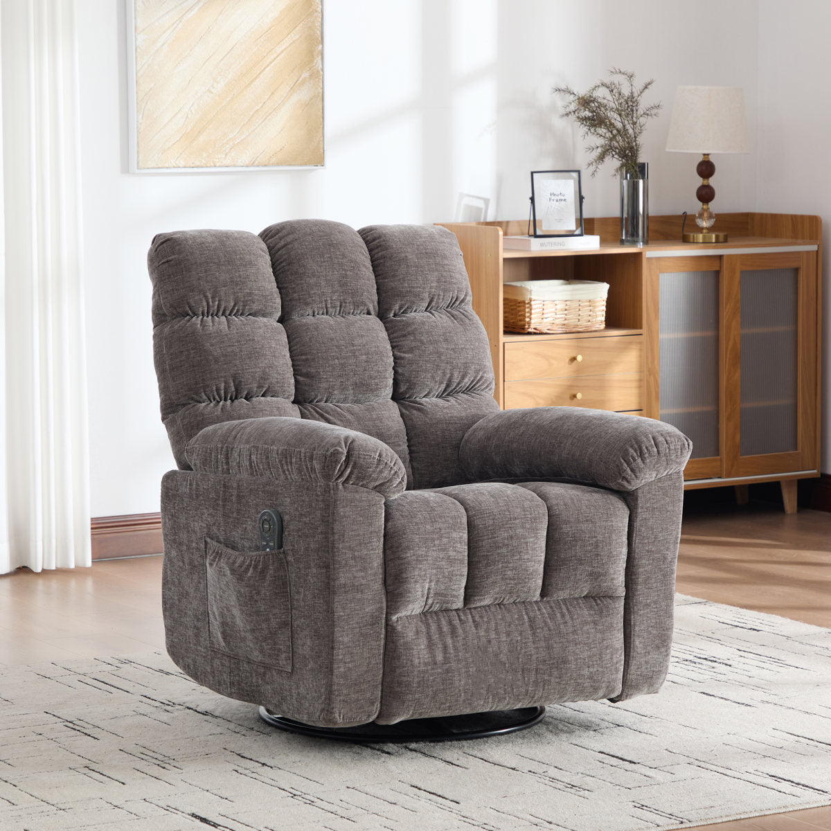 Electric 360 Swivel Recliner With Massage And Heat Function, Manually Adjustable Backrest And Footrest, And Side Storage Pockets. Gray