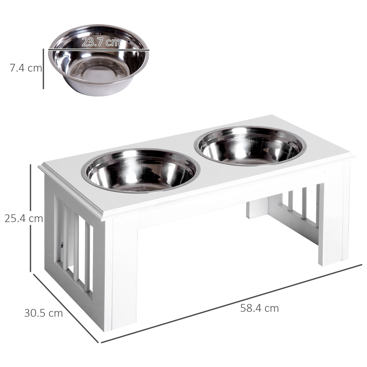 PawHut Raised Dog Feeding Bowls With Stand, Stainless Steel For Medium Dog, 58L X 31W X 25H Cm - White