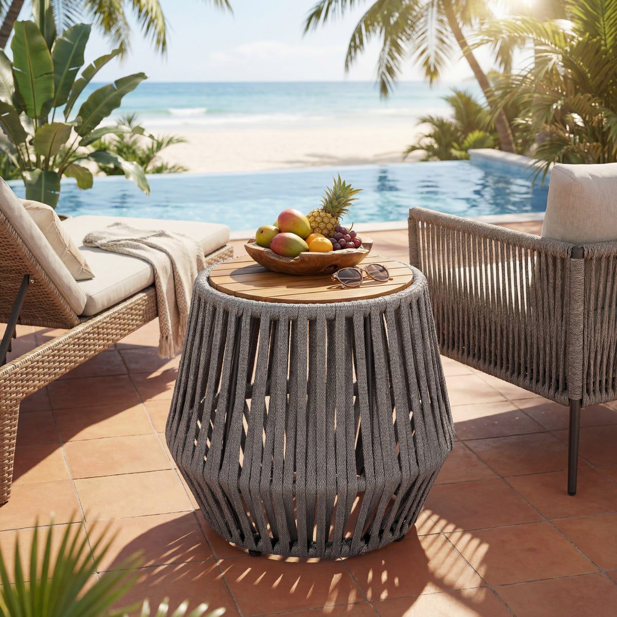Outdoor Side Table With Rope And Acacia Wood - Teak Finish, 100 LBS Capacity, Weather-Resistant, Grey Rope Design
