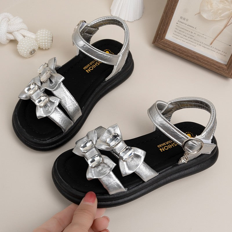 2026 Summer New Ins Fashion Girls Open-Toe Beach Sandals, Bow Decor Cool Princess Style Kids Sandals
