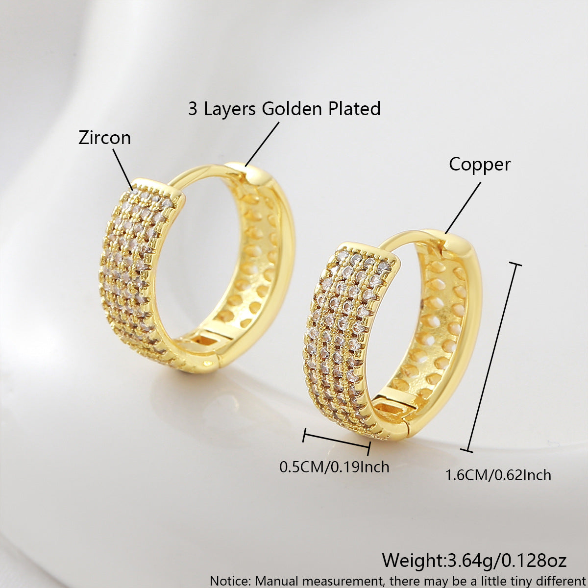 Gold Plated Copper Geometric Wide Hoop Earrings, Four Rows Inlaid Zircon, Minimalist Fashion Luxury Ear Jewelry