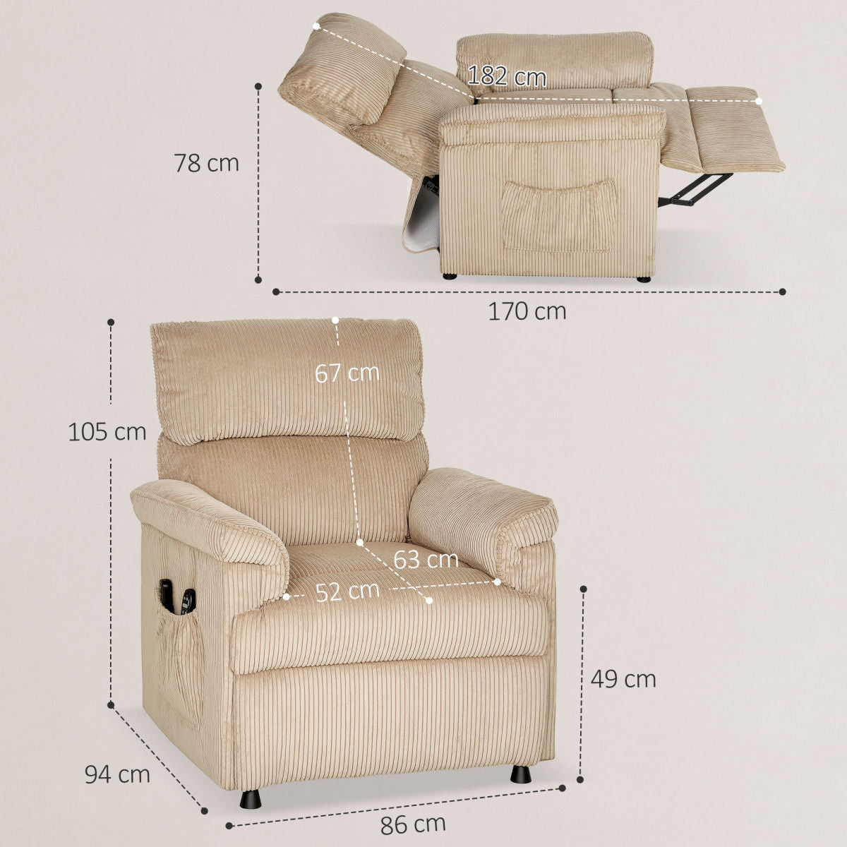 Corduroy Electric Massage Recliner - Brown