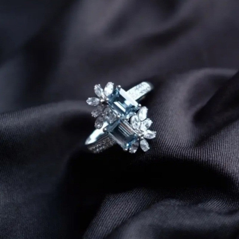 925 Sterling Silver Snowflake Ring, Fashion Unique Ins Style Aquamarine Ring, New Summer Adjustable Index Finger Ring