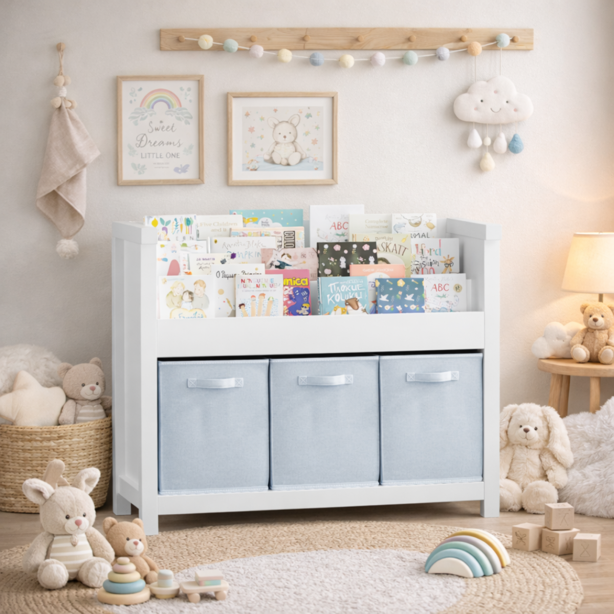 Kids Bookshelf With 3 Tier Front-Facing Storage And 3 Fabric Bins, Wooden Toddler Bookcase For Playroom, Nursery, Bedroom Kids Book Organizer Shelf For Toys And Books