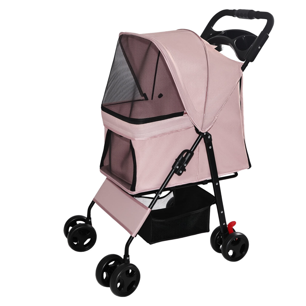 Foldable Pet Stroller for Small Dogs and Cats Under 28 lbs with Multi-Functional Tray, 2 Safety Leashes, Storage Basket & Breathable Mesh, 4 Wheels Pet Stroller, Pink