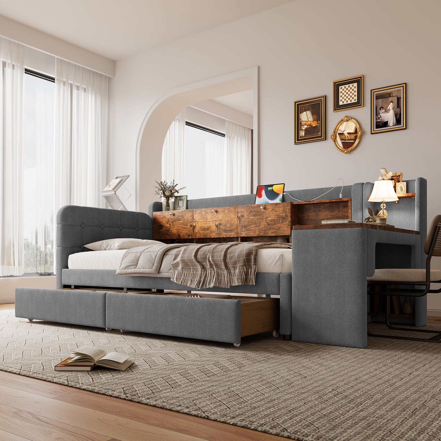 Daybed Daybed, Sofa Bed, With 2 Drawers, Desk, USB Type C, Flip-top Storage Compartment, Storage Compartment, Bed With Slatted Base Without Mattress, Linen, Grey