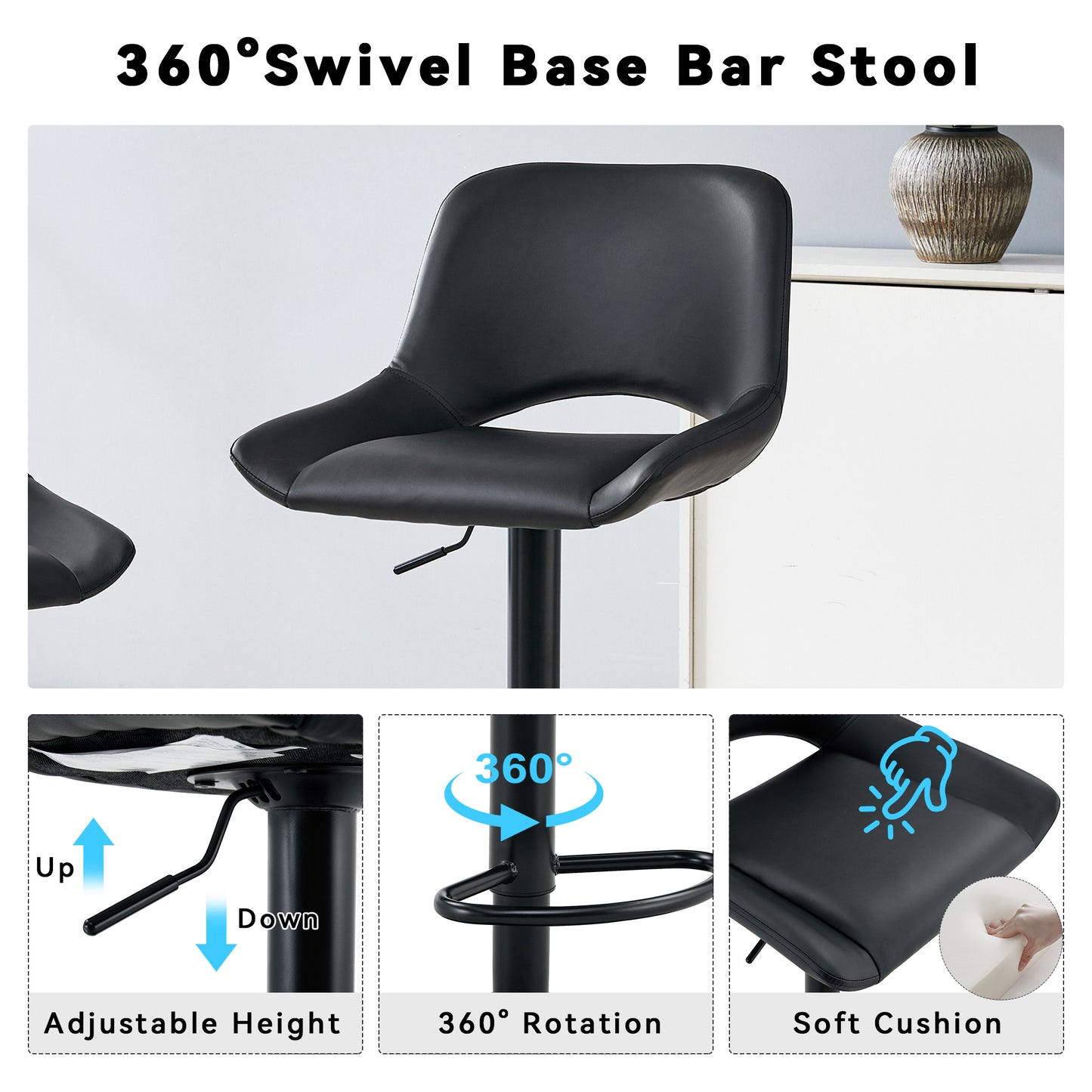 Modern Swivel Adjustable Bar Stools Set - 2 Pack, Black PU Material, With Footrest, Holds Up To 250 Lbs, Suitable For Home Bars And Kitchen Islands .