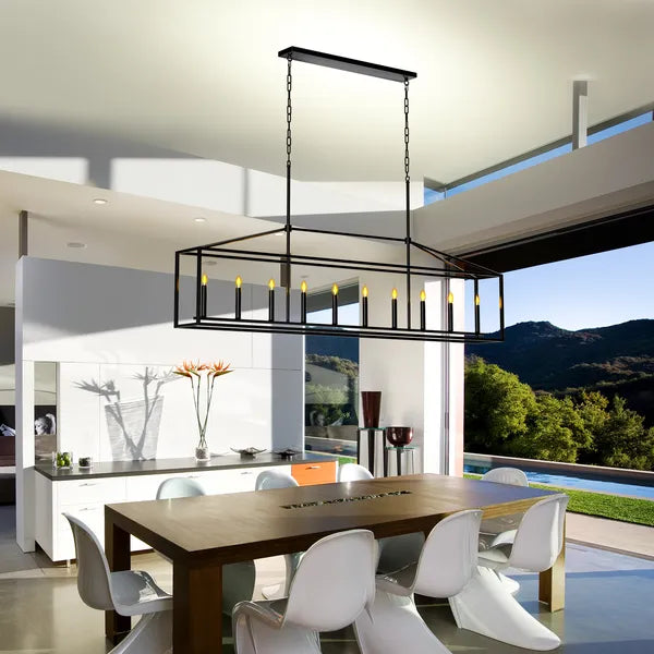 10 Lights Farmhouse Black Chandelier Rectangular Linear Pendant Lighting For Dining Room Kitchen Island