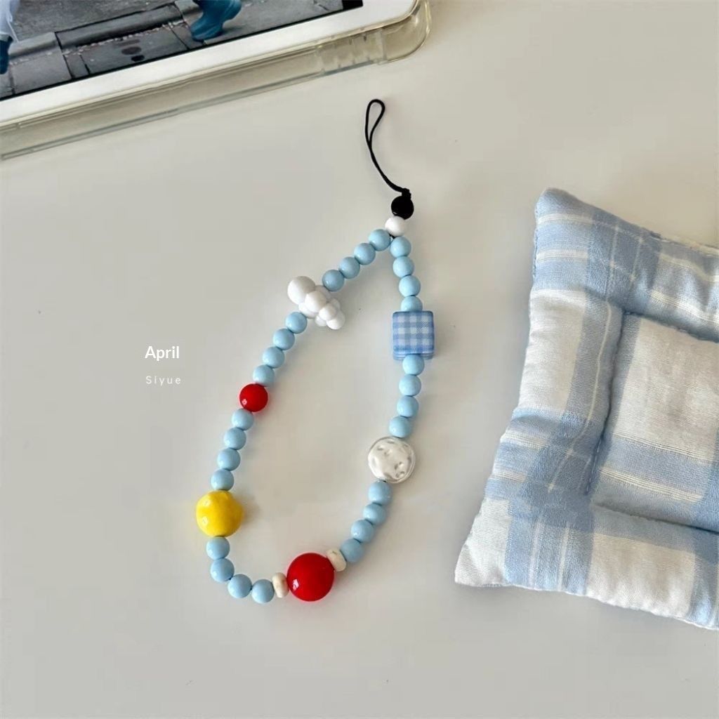 Mobile Phone Chain Short Style Blue Beaded DIY Anti-loss Nylon