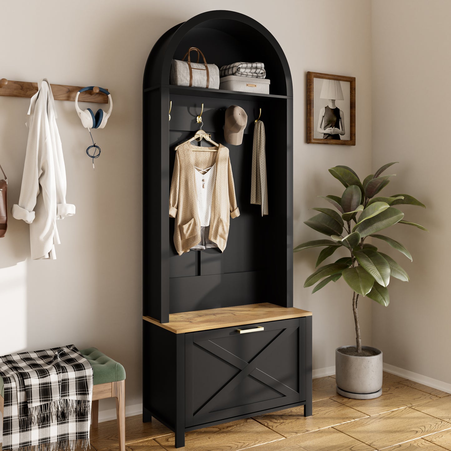 Multifunctional Wardrobe Cabinet With Shoe Rack, Shelf & Hook Hall Tree For Entrance Area, Durable MDF Body, Modern Design, Sturdy Iron Feet, Practical Storage