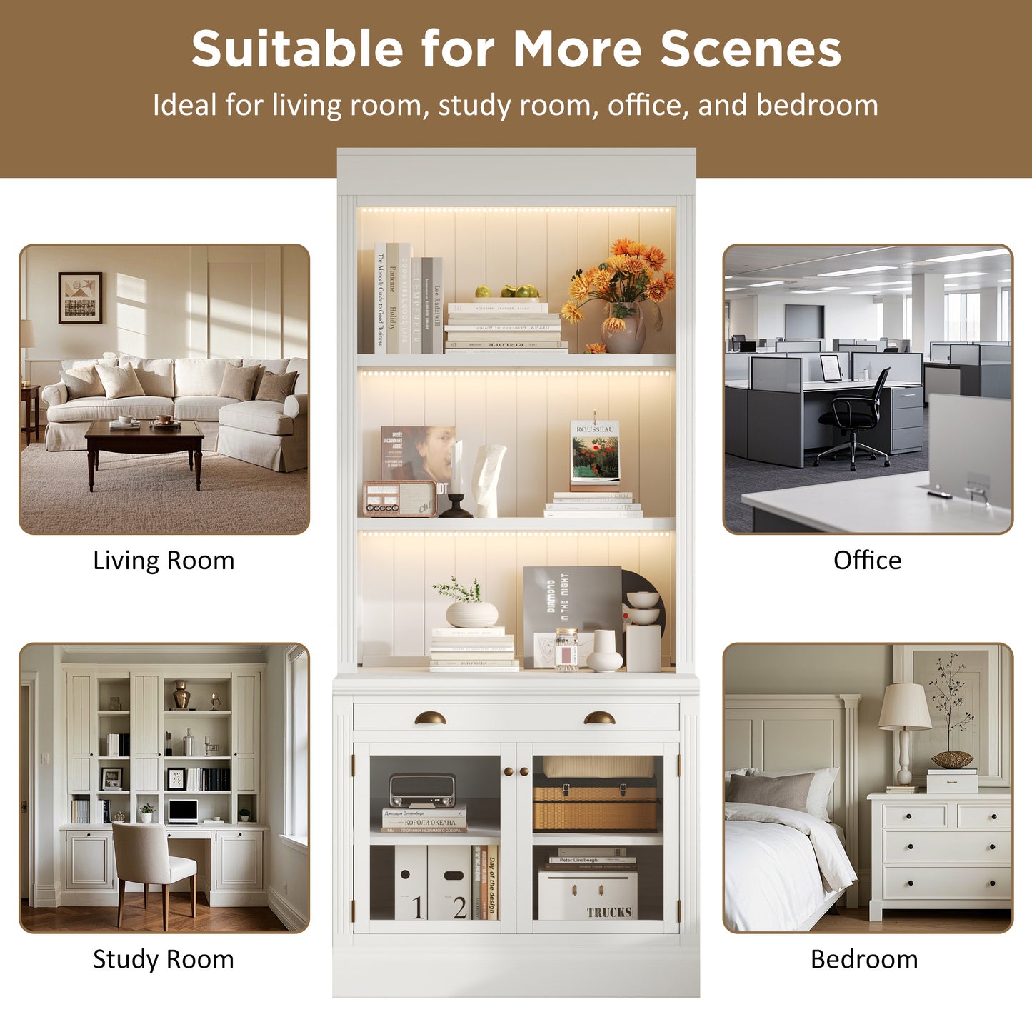 83.4Tall Bookshelf Suite With LED Lighting, Modern Bookcases With Glass Doors And Drawers,2-Piece Set Storage Bookcase Suite With Open Shelves For Living Room,Home Office,White