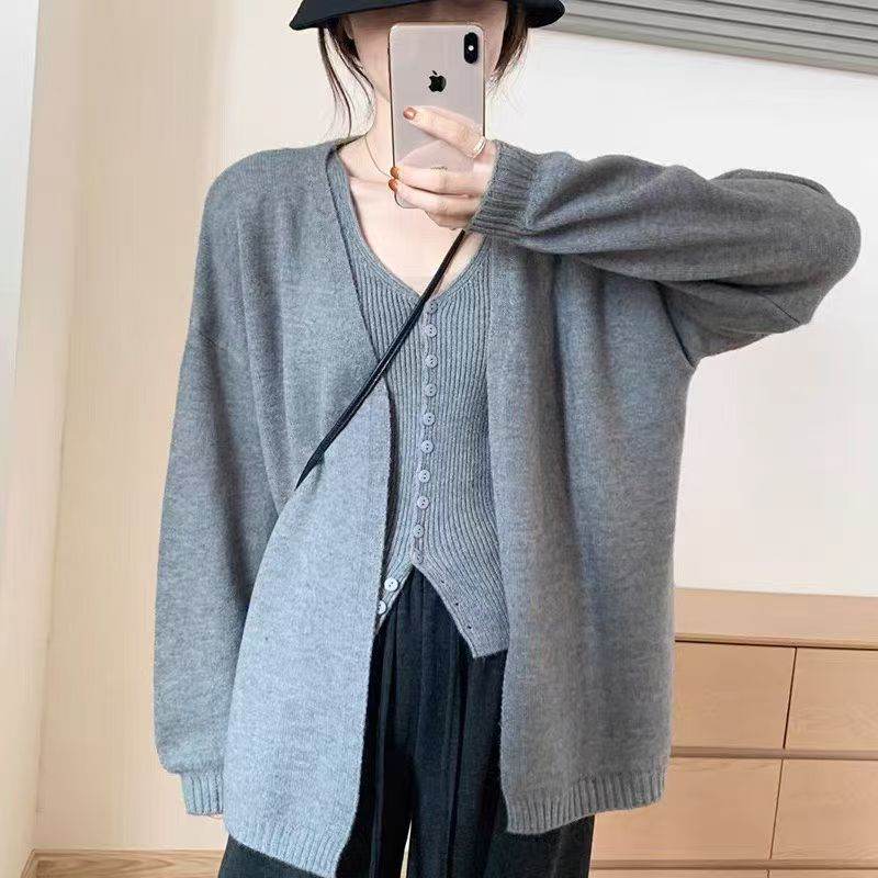 Korean-style Solid-color Set Knitted Vest With Cardigan Top