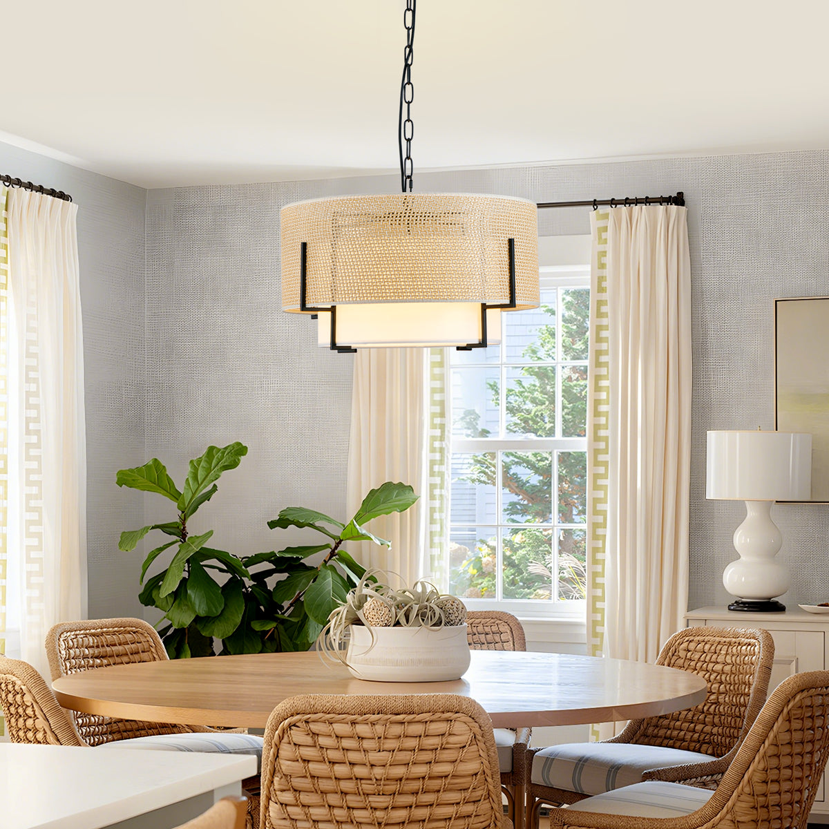 19.7 Farmhouse Boho Chandelier,4-Light Hand Woven Rattan Pendant Light With Fabric Shade Rustic Drum Chandelier For Dining Room Kitchen Bedroom Foyer Entryway Living Room