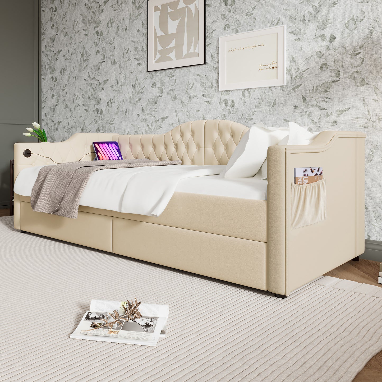 Upholstered Bed Daybed Sofa Bed Storage Beds Bed Frame With USB Type C Charging Function And 2 Drawers 90x200cm Velvet In Beige Velvet Without Mattress