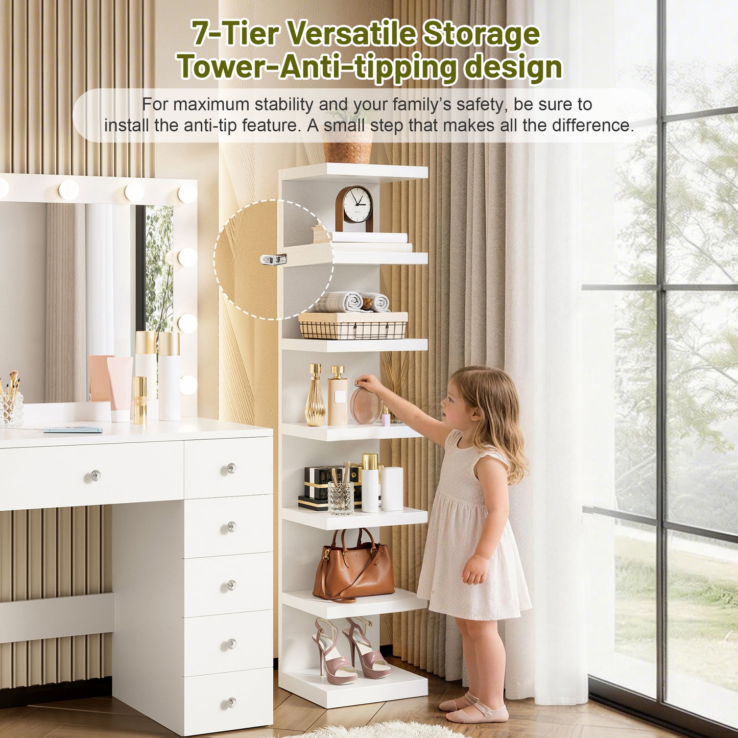 Vanity Desk With 11 Hollywood Bulbs & 7-Tier Storage Shelves , Makeup Vanity Desk With Power Outlet And 11 Drawers, 3 Color Lighting Modes, Dressing Table With Display Shelf Crystal Handles,White