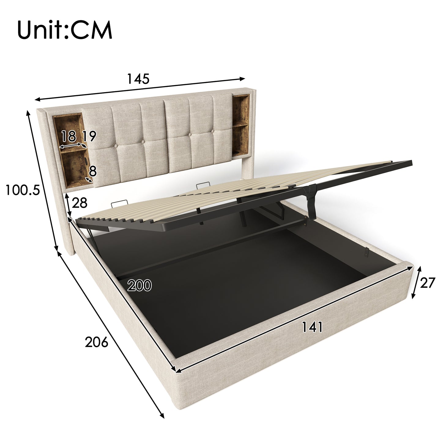 Double Bed With Wireless Charging USB C, Upholstered Bed Bed Frame 140x200cm, Bed Frame With Storage Slatted Base Made Of Wood - Natural Linen With Mattress