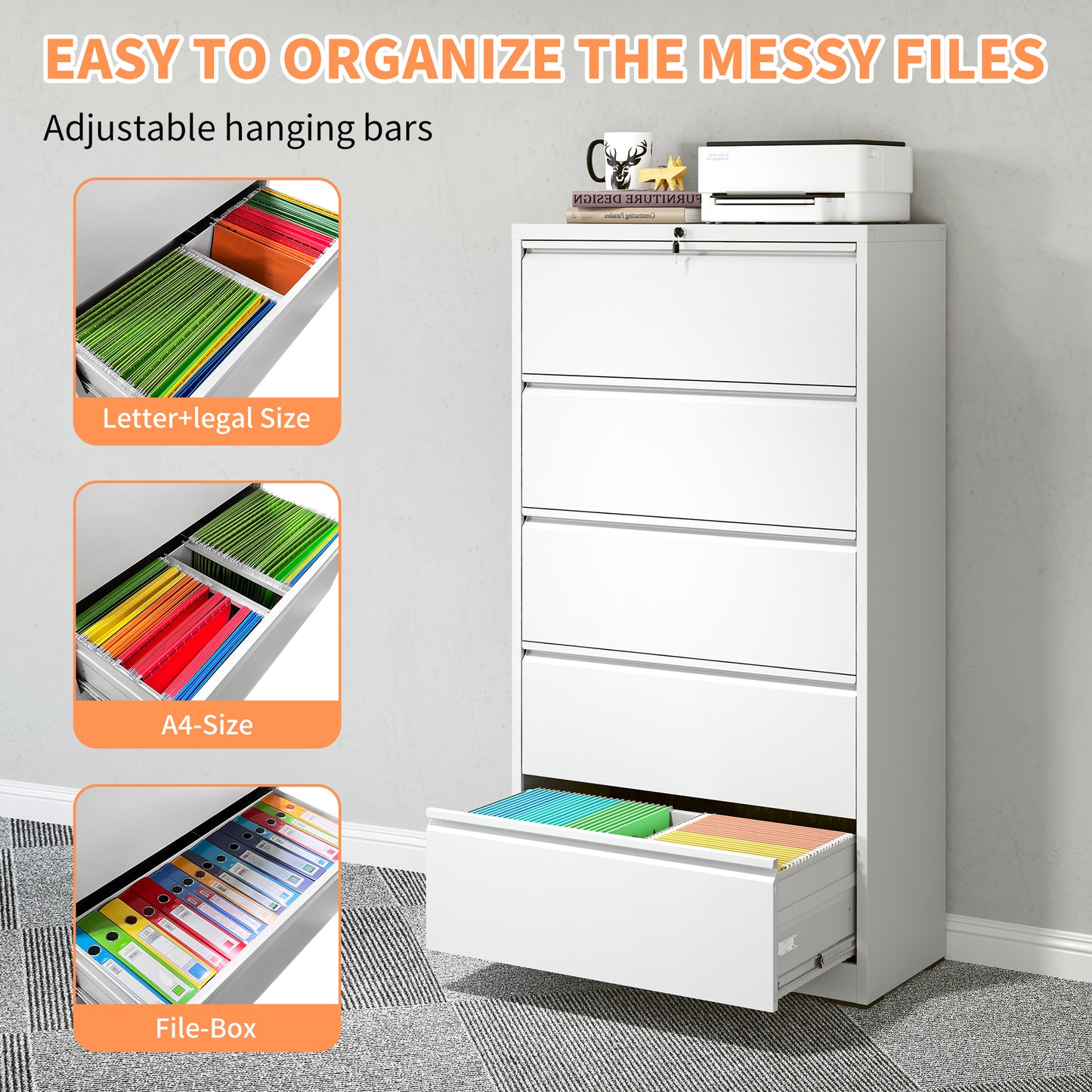 5 Drawer Metal Lateral File Cabinet , White Filing Cabinet With Lock, Lockable File Cabinet For Home Office, Locking Metal File Cabinet For Legal Letter A4 F4 Size