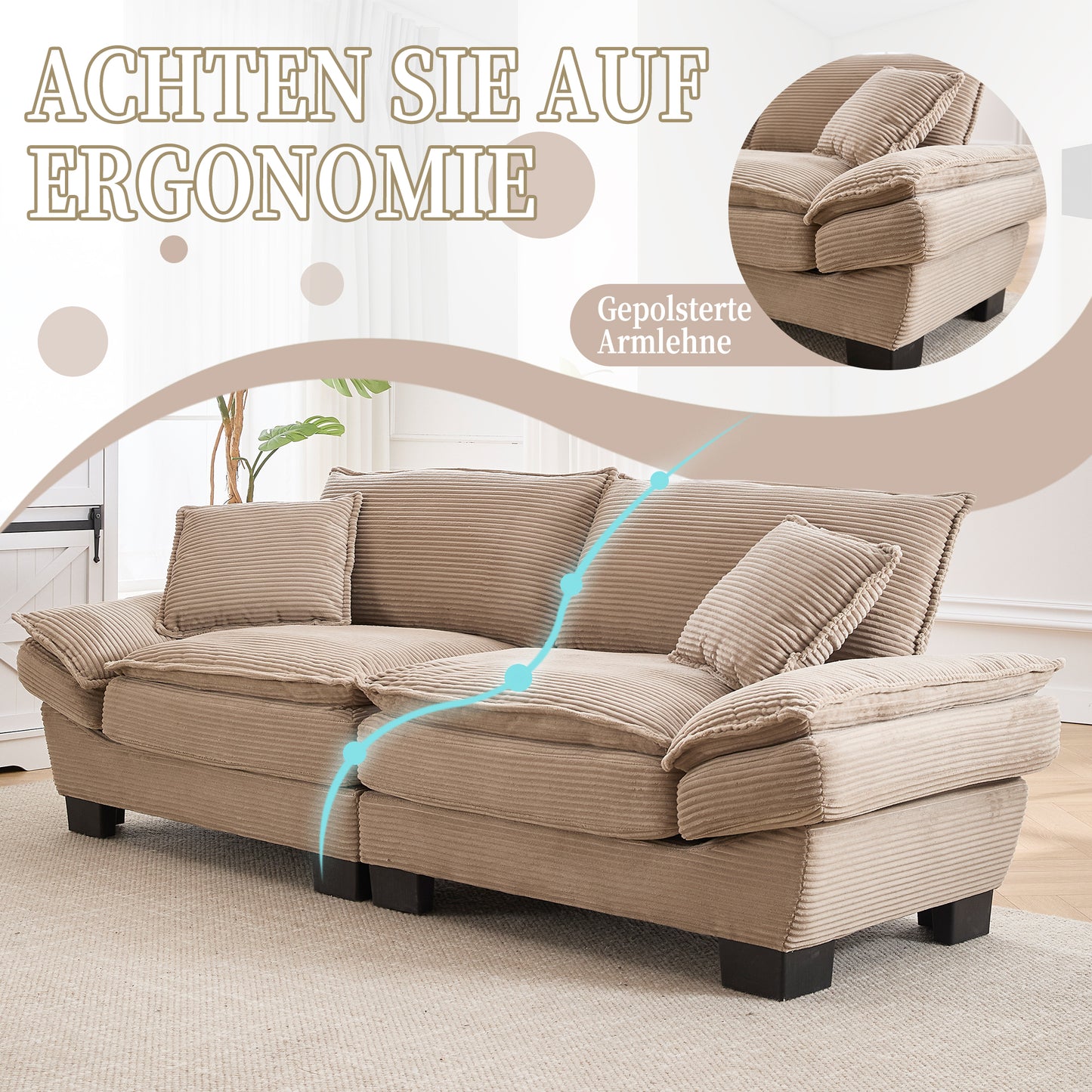 A Modern, Simple Double Sofa With A Feather Bed, Which Reaches A Pillow, Is Cosy, But Spacious And Spacious In The Living Room Bedroom Office, Khaki