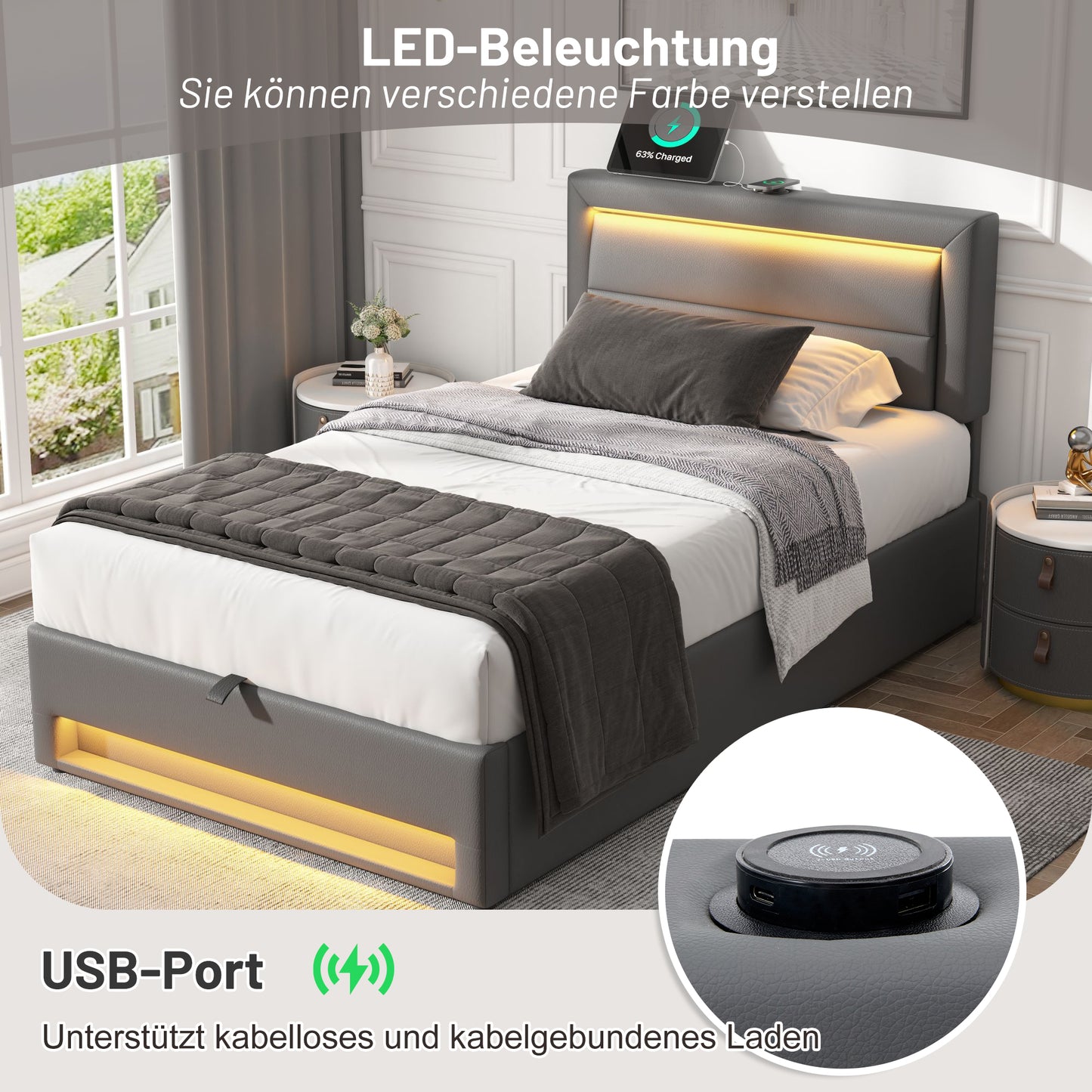 Upholstered Bed 90 X 190 Cm, With USB Port Supports Wireless And Wired Charging , With LED Lighting And Storage, Without Mattress, PU Lychee Pattern,Grey