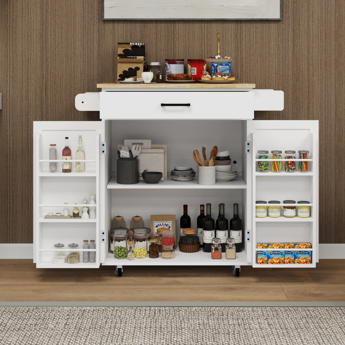 Kitchen Island Rolling Trolley Cart With 1 Drawer & 2 Doors With Storage Racks & Adjustable Shelves & Towel Rack & Seasoning Rack Rubber Wood Table Top-White