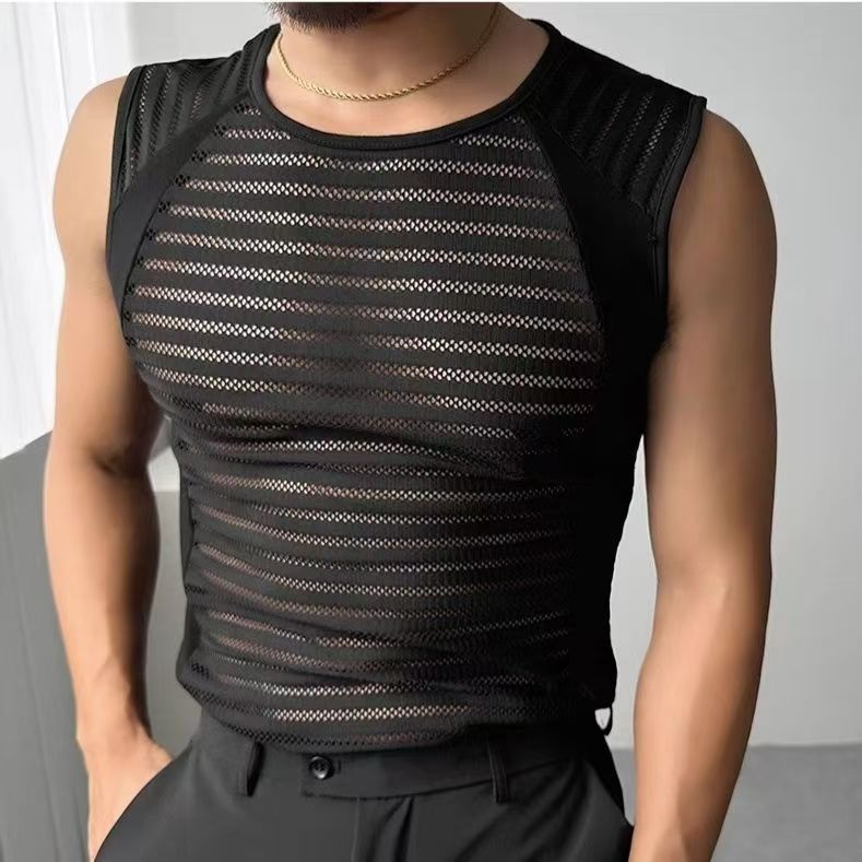 Sleeveless Hollow-Out Tank Top Mens Fitness Sports T-Shirt